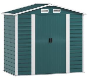 Outsunny 7 x 4ft Garden Shed, Easy to Assemble, Upgraded Galvanised Steel Frame with Foundation Kit, Double Doors with Lock, Outdoor Metal Shed with Vents and Gloves, Garden Storage Shed, Green