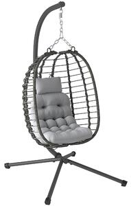 Outsunny Rattan Hanging Egg Chair, Foldable Wicker Hammock Swing Chair with Cushion, Stand, Adjustable Height, Head Pillow, Steel Frame for Garden Patio Indoor Outdoor, Light Grey