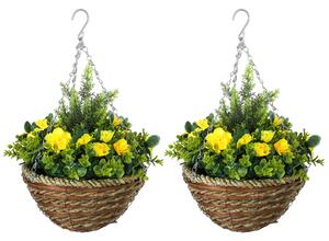 Outsunny Pack of 2 Faux Plant Artificial Lisianthus Flowers Hanging Planter with Basket for Indoor Outdoor Decoration, Yellow