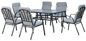 Outsunny 7Pieces Garden Dining Set, Outdoor Dining Table and 6 Cushioned Armchairs, Tempered Glass Top Table w/ Umbrella Hole, Texteline Seats, Black