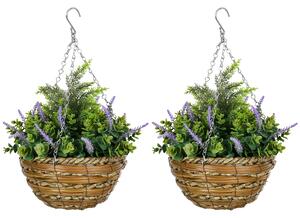 Outsunny 2 PCs Artificial Lisianthus Flower Hanging Planter with Basket for Indoor Outdoor Decoration, Purple
