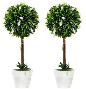 HOMCOM Set of 2 Decorative Artificial Plants Ball Trees with Flower for Home Indoor Outdoor Decor, 60cm ,White