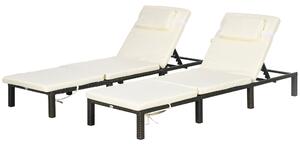 Outsunny Rattan Sun Loungers Set of 2 with 5-Level Adjustable Backrest, Wicker Lounge Chairs with Padded Cushion and Headrest for Outdoor, Poolside, Garden, Cream White