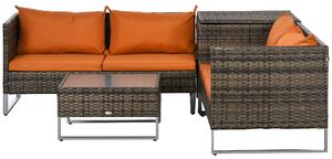 Outsunny 4 PCs Garden Rattan Wicker Outdoor Furniture Patio Corner Sofa Love Seat and Table Set with Cushions Side Desk Storage - Orange