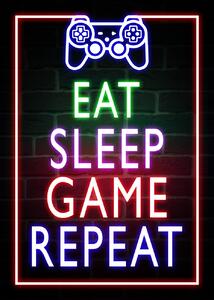 Art Poster Eat Sleep Game Repeat-Gaming Neon Quote, (30 x 40 cm)