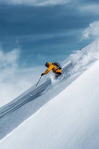 Art Photography Mid adult male skier speeding downhill,, Ross Woodhall, (26.7 x 40 cm)