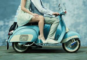 Art Photography Couple riding vintage scooter, Colin Anderson Productions pty ltd, (40 x 26.7 cm)