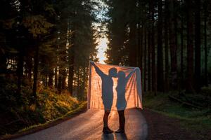 Art Photography Silhouette of couple holding blanket kissing, Westend61, (40 x 26.7 cm)