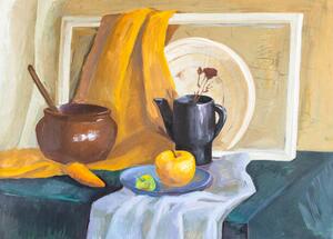 Illustration still life with pot, kettle, carrot and apples, VvoeVale, (40 x 30 cm)