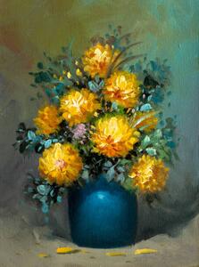 Illustration Chrysanthemum Bouquet in Blue Vase Oil Painting, Dan Totilca, (30 x 40 cm)