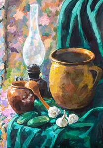Illustration still life with ceramic pots and kerosene lamp, VvoeVale, (26.7 x 40 cm)