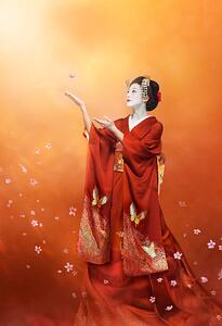 Art Poster Geisha in long red kimono catching a cherry blosso, Coneyl Jay, (26.7 x 40 cm)