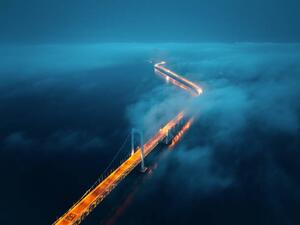 Art Photography A cross-sea bridge in the fog at night, shunli zhao, (40 x 30 cm)