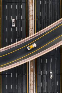 Art Photography Taxi on an overpass crossing above, Abstract Aerial Art, (26.7 x 40 cm)