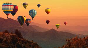 Art Photography Hot air balloon above high mountain at sunset, AppleZoomZoom, (40 x 22.5 cm)