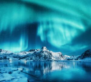 Art Photography Aurora borealis above snowy mountains, frozen, den-belitsky, (40 x 35 cm)