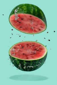 Art Photography Watermelon sliced flying on pastel green, Amax Photo, (26.7 x 40 cm)