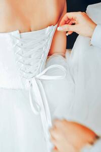 Art Photography Assistant Tie a Dress to the Bride, Valery Kudryavtsev, (26.7 x 40 cm)