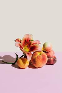 Art Photography Lily flower and peaches on beige, Tanja Ivanova, (26.7 x 40 cm)