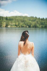 Art Photography Sexy back of beautiful bride by the lake, Pekic, (26.7 x 40 cm)