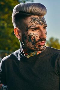Art Photography Portrait of tattooed young man outdoors, Westend61, (26.7 x 40 cm)