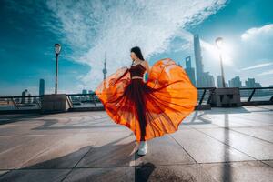 Photography Beautiful young woman in red skirt, Yaorusheng, (40 x 26.7 cm)