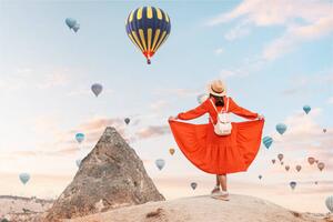 Art Photography girl watching the hot air balloons, frantic00, (40 x 26.7 cm)