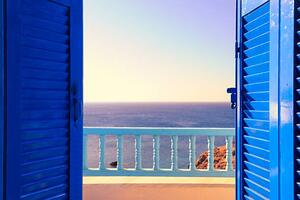 Art Photography Blue Shutters Open onto Sea and Sky at Dawn, Ekspansio, (40 x 26.7 cm)