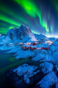 Art Photography Northern lights with Festhelltinden peak and, Copyright by Boonchet Ch., (26.7 x 40 cm)