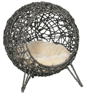 PawHut Rattan Elevated Cat Bed: Cosy Ball-Shaped Kitten Abode with Removable Cushion, Silver-Tone and Grey
