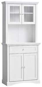 HOMCOM Kitchen Cupboard, Freestanding Storage Cabinet with Glass Doors, Adjustable Shelves, and Open Counter, White