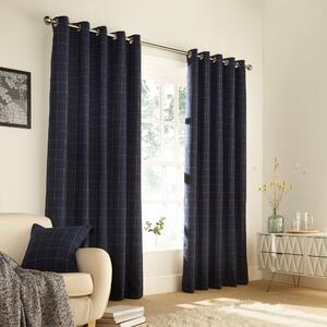 Furn. Ellis Check Ready Made Eyelet Curtains Navy