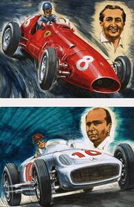 Photography Alberto Ascari driving a Maserati (top) and Juan Manuel Fangio driving a Mercedes-Benz, English School