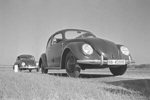 Photography Two models of the Volkswagen beetle, or KdF car, with open and closed roof near the test track near Wolfsburg, Germany 1930s, (40 x 26.7 cm)