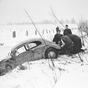 Photography A Volkswagen beetle had an accident and was found in the roadside ditch, Germany 1960s