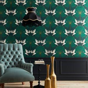 Crane and Leaf Green Wallpaper Green
