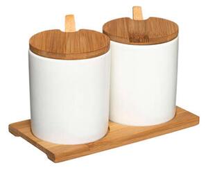 Set of 2 Bamboo & Ceramic Spice Jars Brown/White