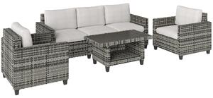 Outsunny 6 Pieces Rattan Garden Furniture Set, 5 Seater Wicker Outdoor Furniture Set with 2 Armchairs, Steel Frame Coffee Table and Cushions for Balcony, Porch, Light Grey