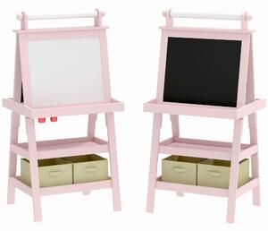 AIYAPLAY 3-in-1 Kids Easel, Double-Sided Magnetic Whiteboard & Chalkboard with Paper Roll and Storage Baskets, Pink Aosom UK