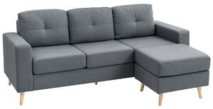 HOMCOM 3 Seater Sofa with Footstool, Fabric L-Shaped Sofa, Sectional Couch with Wood Legs, Tufting Cushioned Back for Small Space, Living Room, Office, Dark Grey