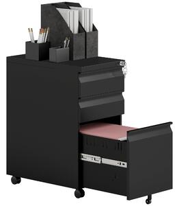 Vinsetto 3-Drawer Steel Filing Cabinet with Lock and Wheels - Black