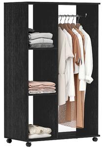 HOMCOM Mobile Open Wardrobe, Bedroom Clothes Storage with Hanging Rail and Shelves, on Wheels, Black Aosom UK