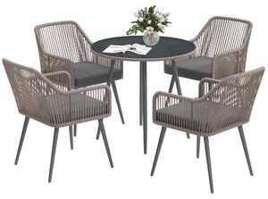 Outsunny 4 Seater Rattan Dining Set, Rattan Garden Furniture Set with Parasol Hole, Cushions, Glass Top Table for Patio, Balcony, Light Brown