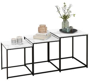 HOMCOM Nesting Tables Set of 3, Side End Table with Faux Marble Effect Top and Steel Legs for Living Room, Bedroom, White Aosom UK