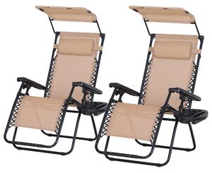 Outsunny 2 Piece Foldable Reclining Garden Chairs with Headrest, Zero Gravity Deck Sun Loungers Seat Chair with Footrest, Armrest, Cup Holder & Canopy Shade, Beige