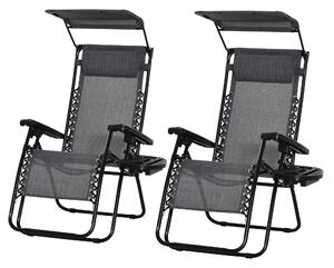 Outsunny 2 Piece Foldable Reclining Garden Chairs with Headrest, Zero Gravity Deck Sun Loungers Seat Chair with Footrest, Armrest, Cup Holder & Canopy Shade, Light Grey