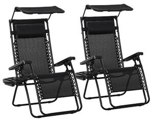 Outsunny 2 Piece Foldable Reclining Garden Chair with Headrest, Zero Gravity Deck Sun Lounger Seat Chair with Footrest, Armrest, Cup Holder & Canopy Shade, Black