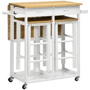 HOMCOM Kitchen Island Set with 2 Stools, Bamboo Breakfast Cart with Drop Leaf Top, Drawers and Towel Rack, Rolling Kitchen Cart and Chairs Set, White