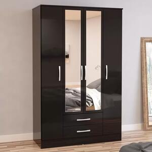 Lynn Mirrored Wardrobe With 4 Door In Black High Gloss