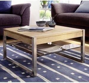 Adelia Wooden Coffee Table In Knotty Oak With Glass Shelf